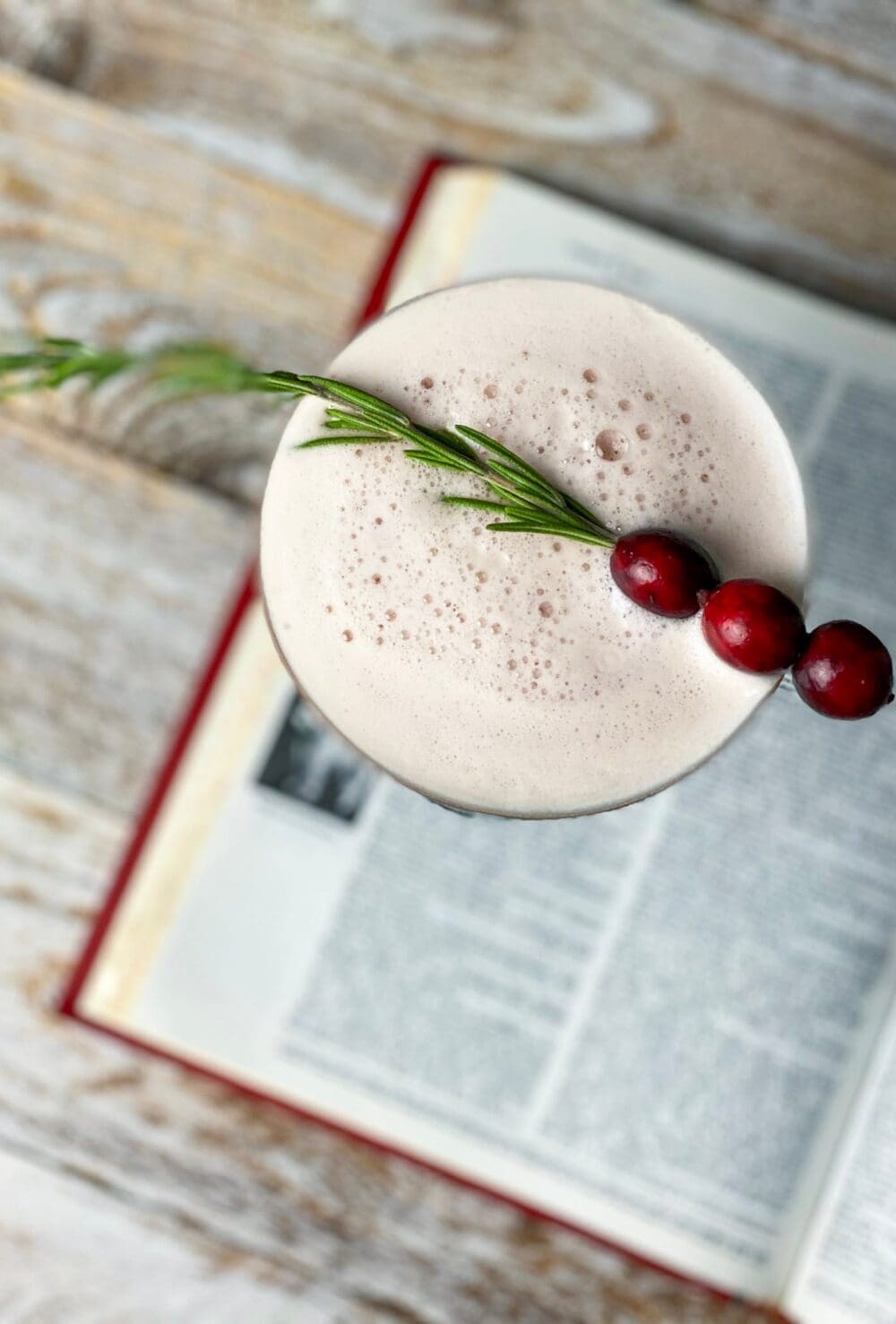 bourbon cranberry sour with rosemary sitting on a dictionary