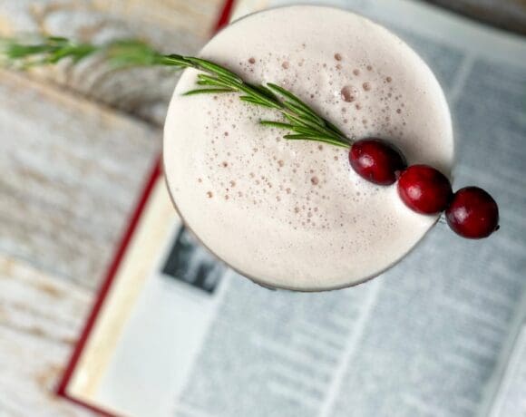 bourbon cranberry sour with rosemary sitting on a dictionary