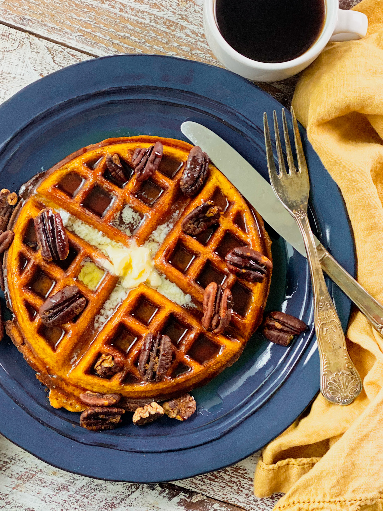 Pumpkin Spice Waffles with Spicy Pecans - The Perks of Being Us