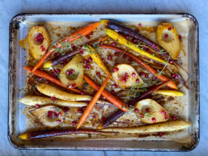 maple bourbon glazed carrots and pears