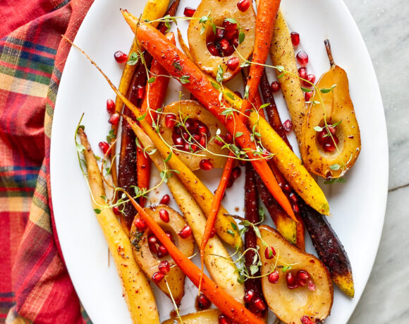 maple bourbon glazed carrots and pears