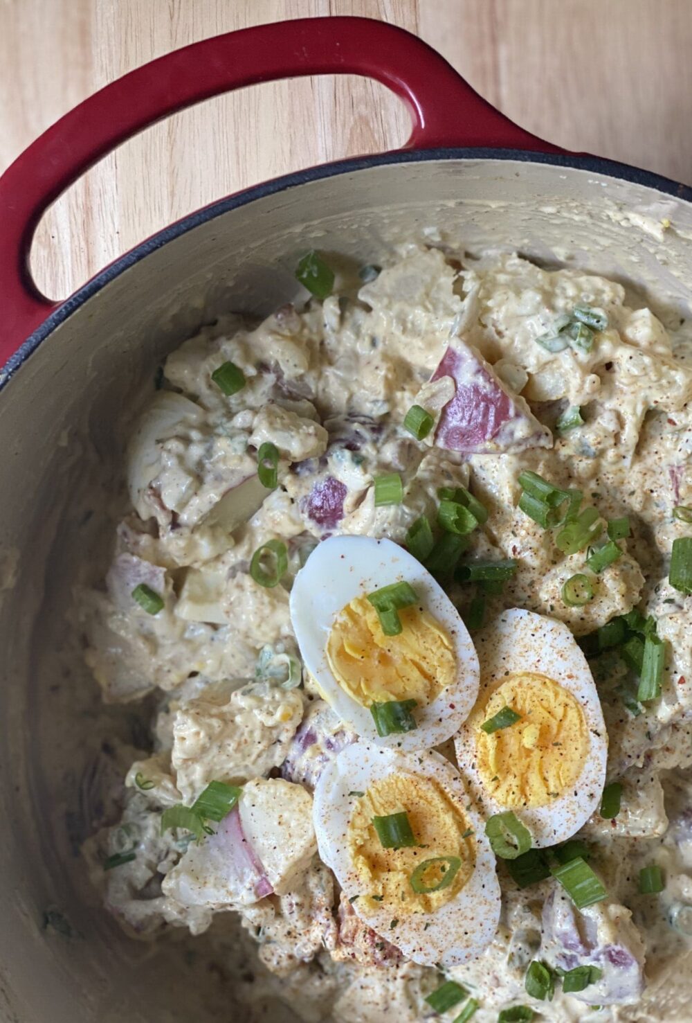 potato salad in a red pot