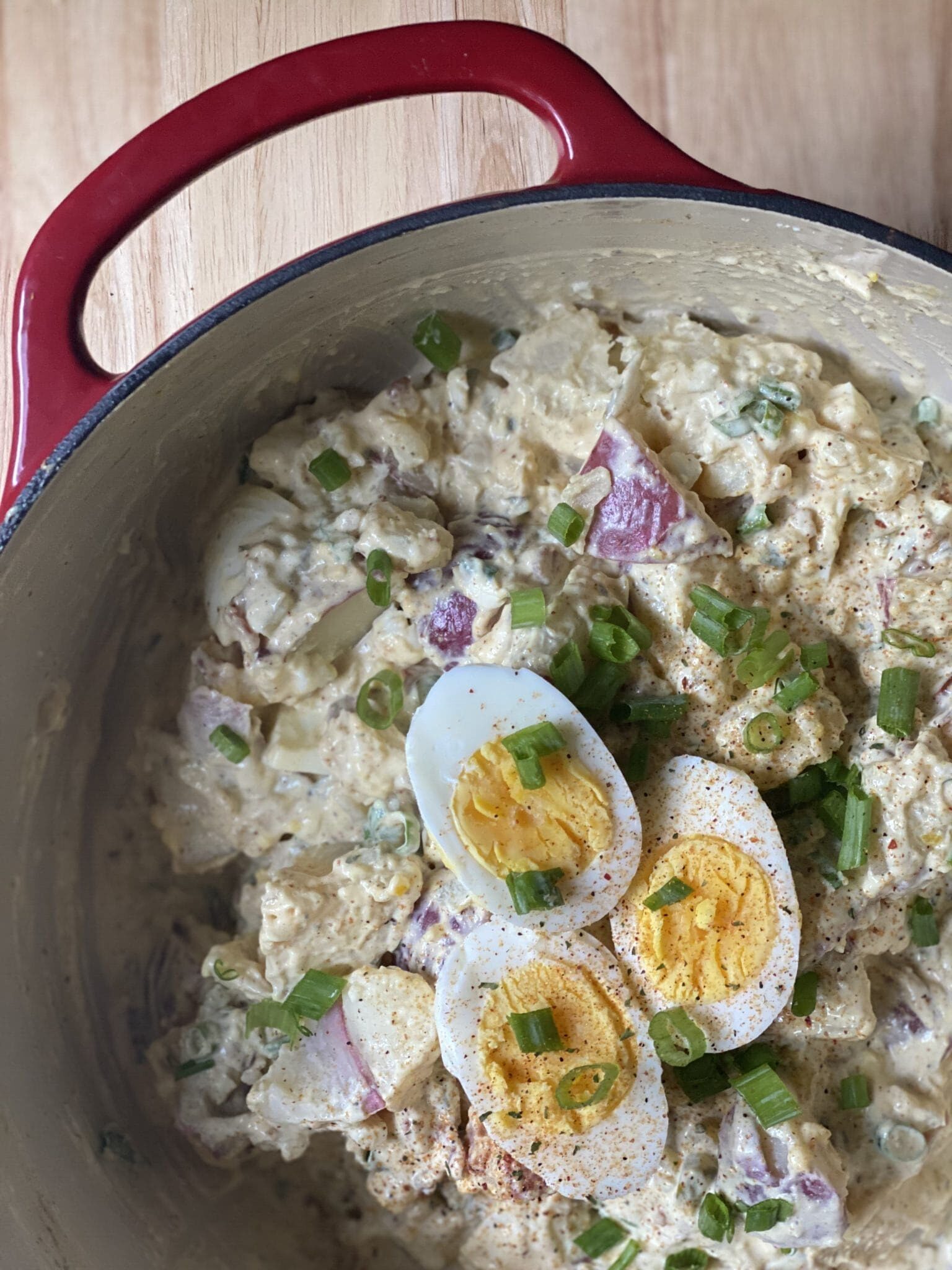 potato salad in a red pot