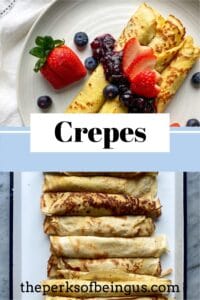 crepes with strawberries and blueberries and blueberry compote