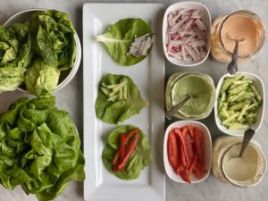 Fresh veggies, lettuce and yogurt sauces