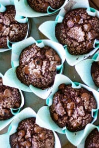 double chocolate muffins in light blue wrappers
