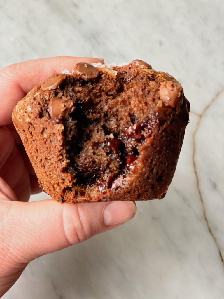 Chocolate muffin with a bite out