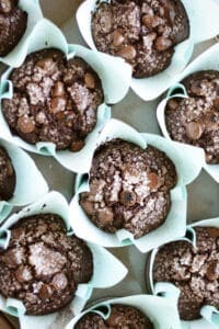 sugar topped chocolate muffins in blue muffin cups