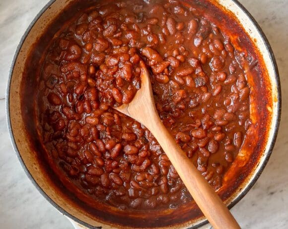 baked beans with a spoon