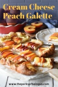 A cut up cream cheese peach galette with a bowl of peaches