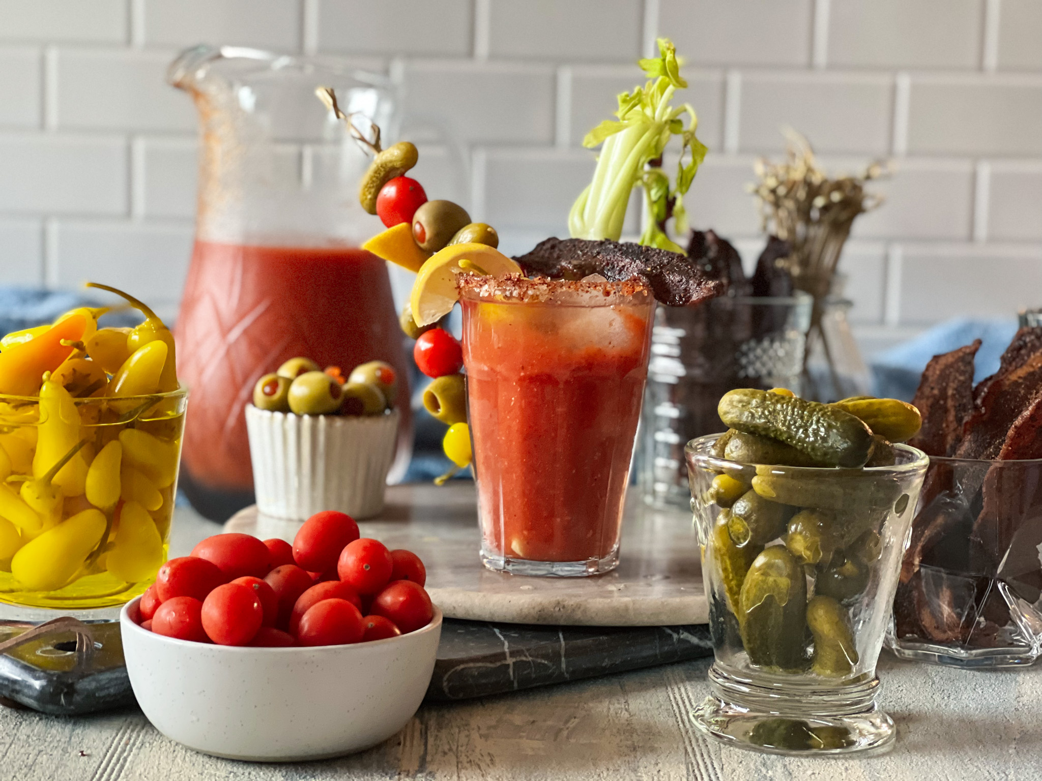 Spicy Bloody Mary Pitcher with Pickled Green Beans