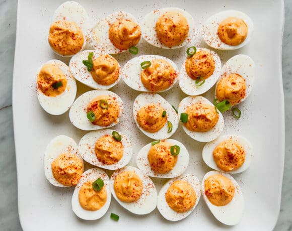 Chipotle deviled eggs on a square plate