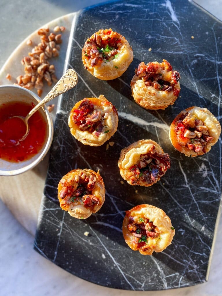 Sweet and Savory Boursin Mini pecan tarts with pepper peach jelly