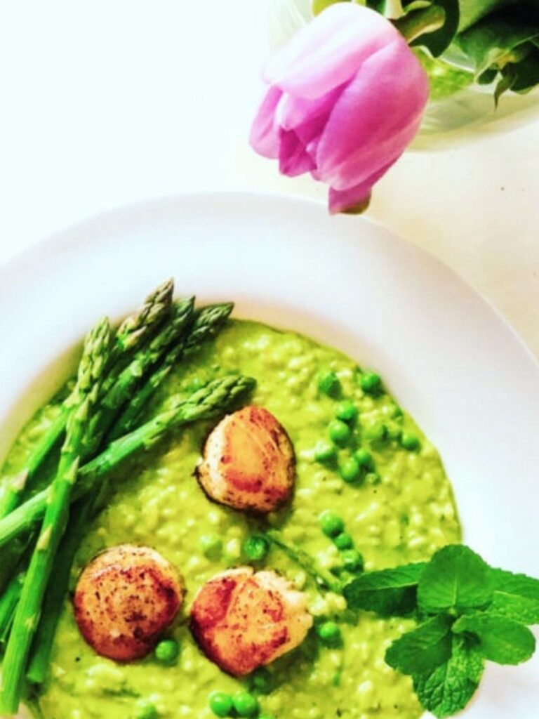 spring pea risotto and a pink tulip