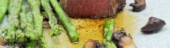Medium rare steak with sauteed mushrooms and asparagus