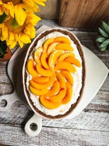 peaches n cream gluten-free dessert with yellow flowers