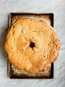 baked peach cobbler pound cake still in pan