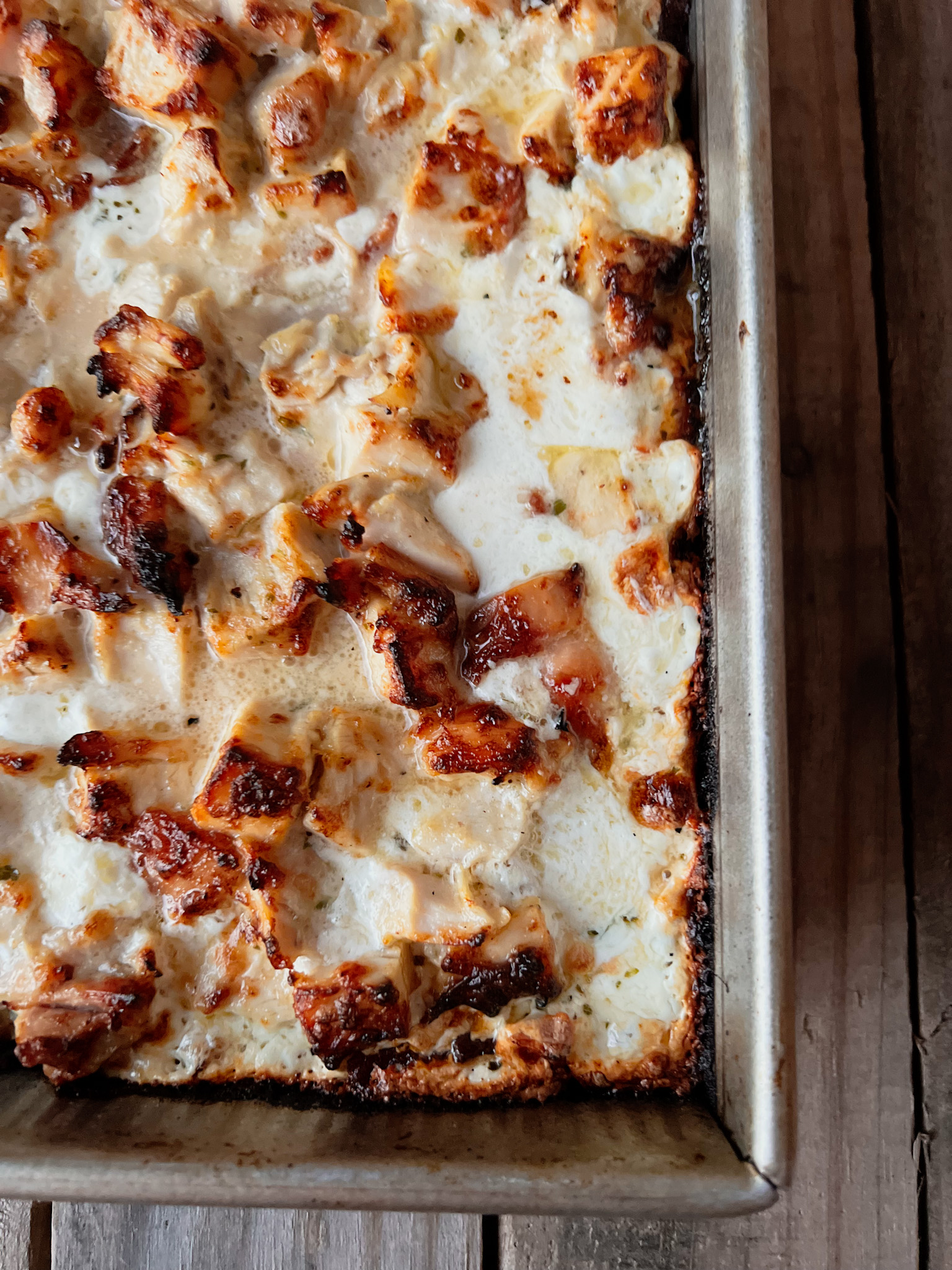 Detroit style chicken bacon ranch pizza