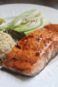 maple glazed salmon with bok choy and rice