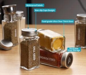 glass spice jars with metal lids and the features