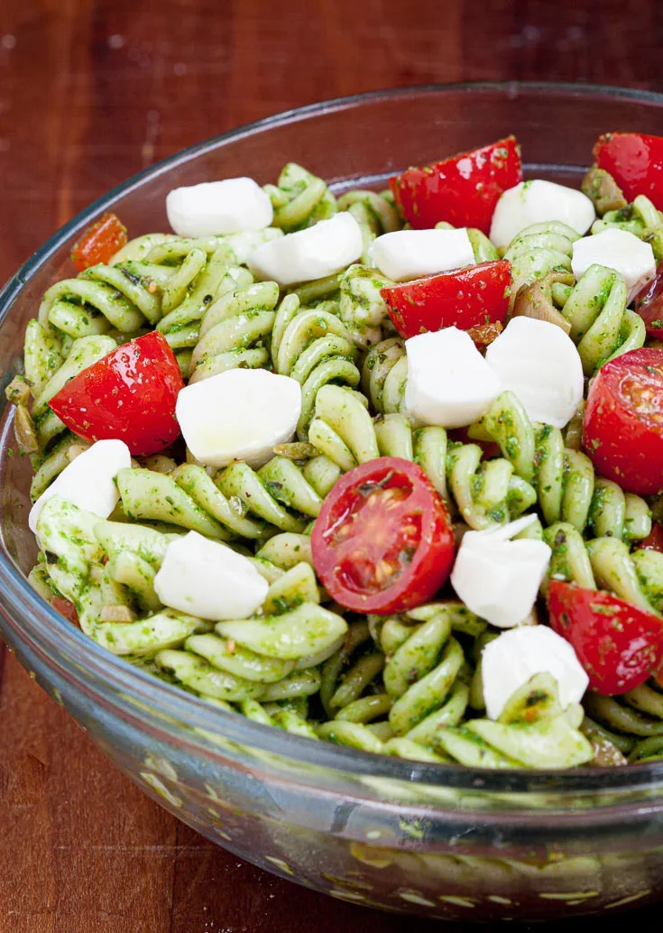 Caprese pasta salad with cherry tomatoes