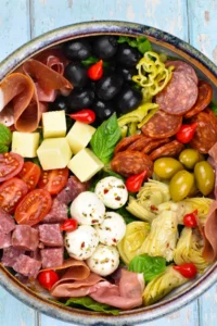 Antipasto salad on a round plate