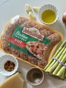 Johnsonville Italian hot sausages with other ingredients for pasta