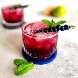 2 Blueberry gin and tonnics with mint leaves and blueberries on skewers