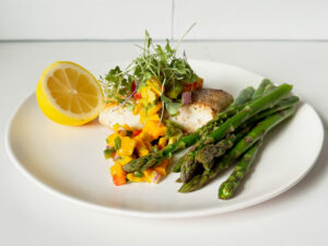 halibut with asparagus, a lemon and mango salsa