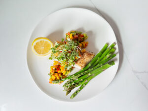 halibut with asparagus, a lemon and mango salsa