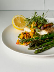 halibut with asparagus, a lemon and mango salsa