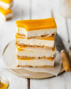 a stack of mango cheesecake bars