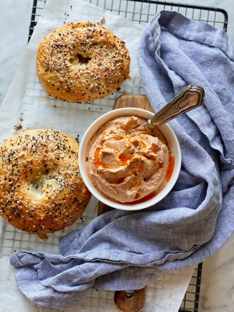 2 everything bagel bagels with sundried cream cheese