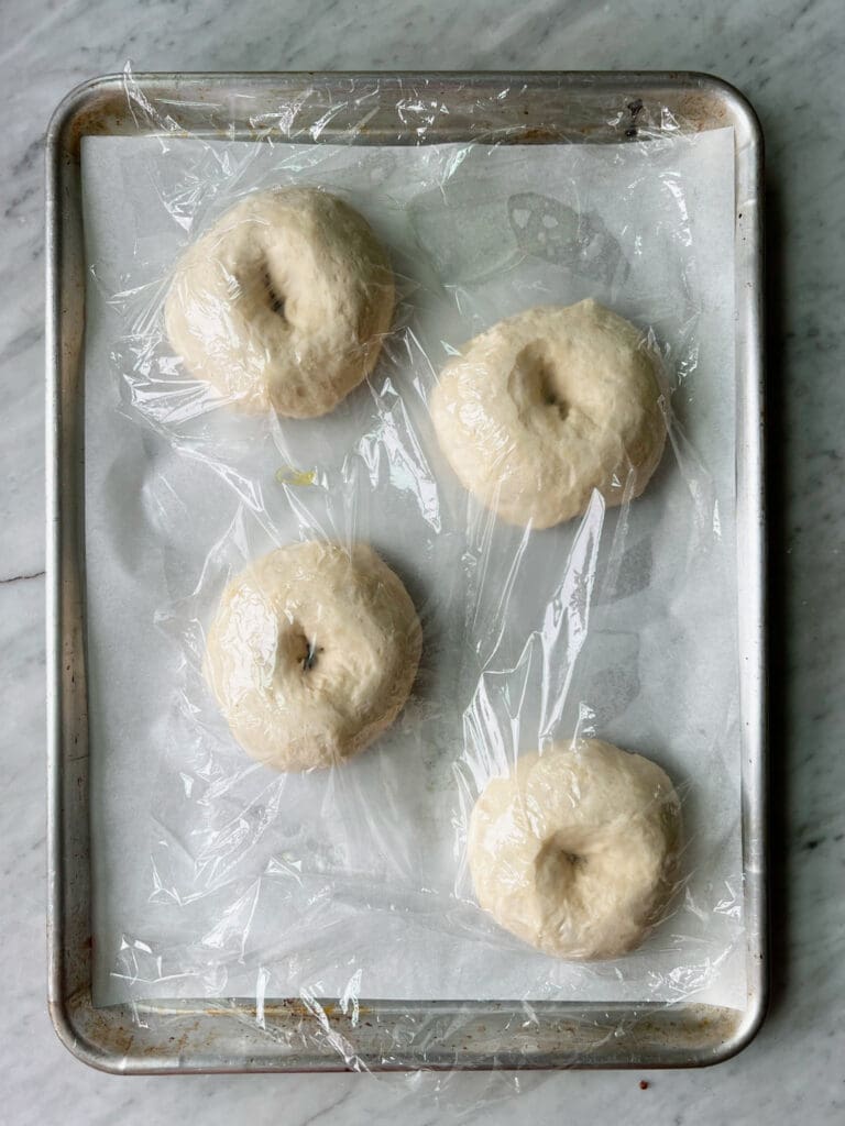 bagels on a parchment lined cookie sheet with plastic wrap over them