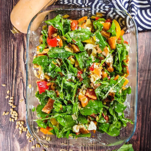 Roasted pepper butternut squash salad in a glass pan