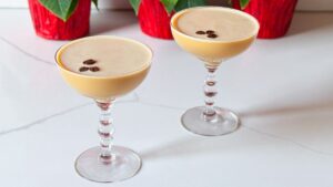 horizontal image of eggnog espresso martinis