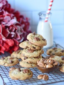 stack of pecan chocolate chip cookies.