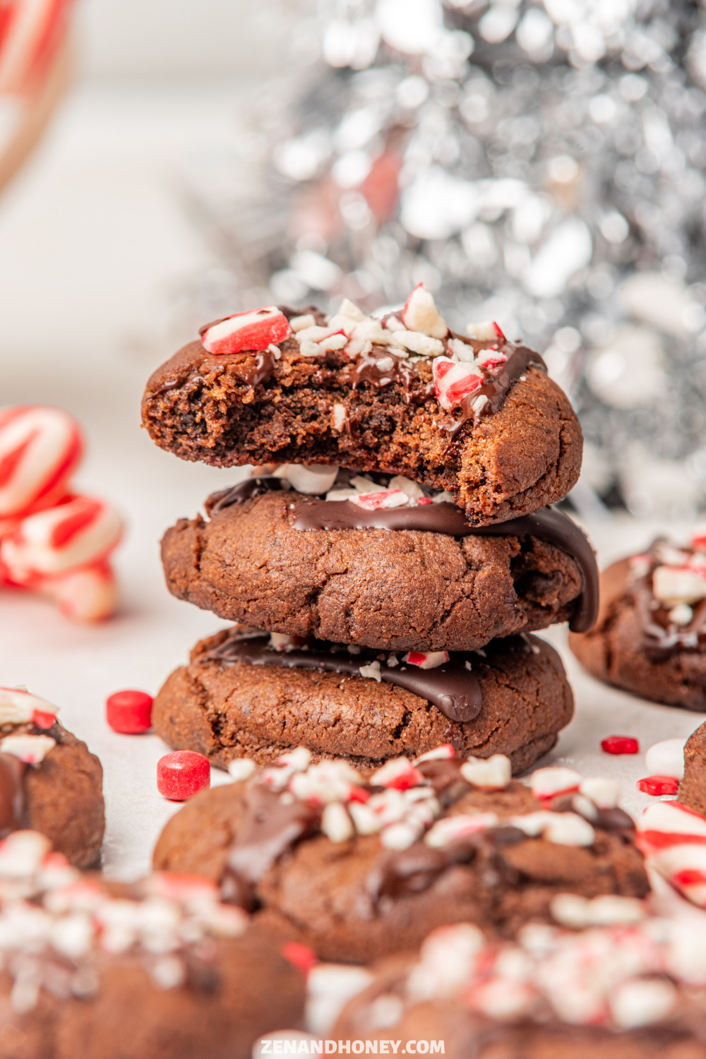 Peppermint mocha cookies ina stack with peppermint