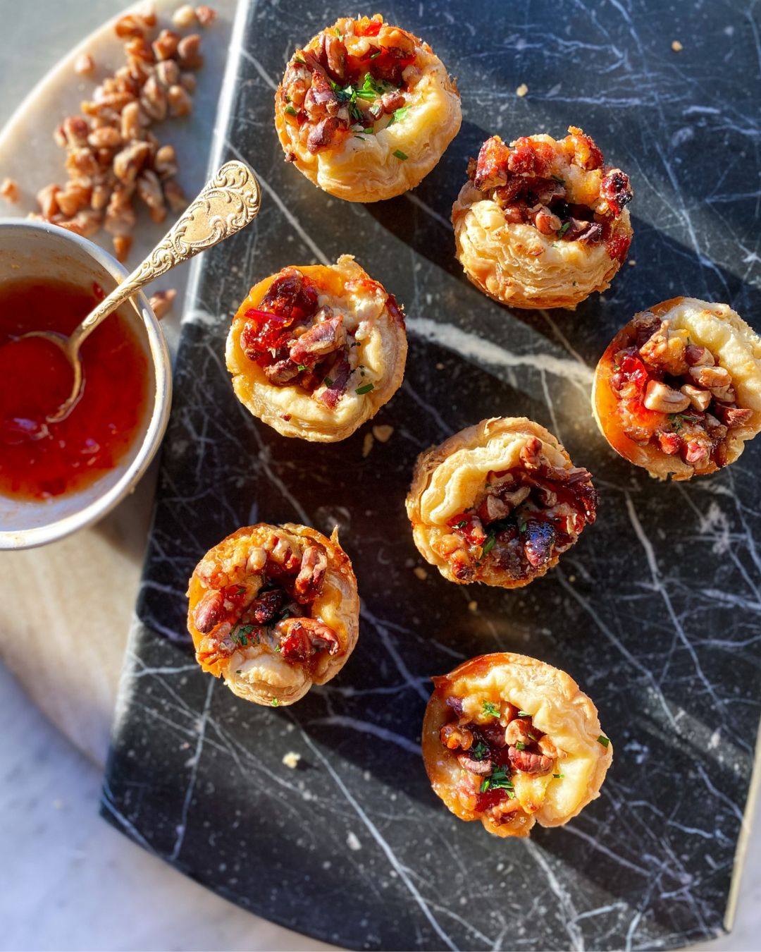 Sweet and Savory Boursin Mini pecan tarts with pepper peach jelly