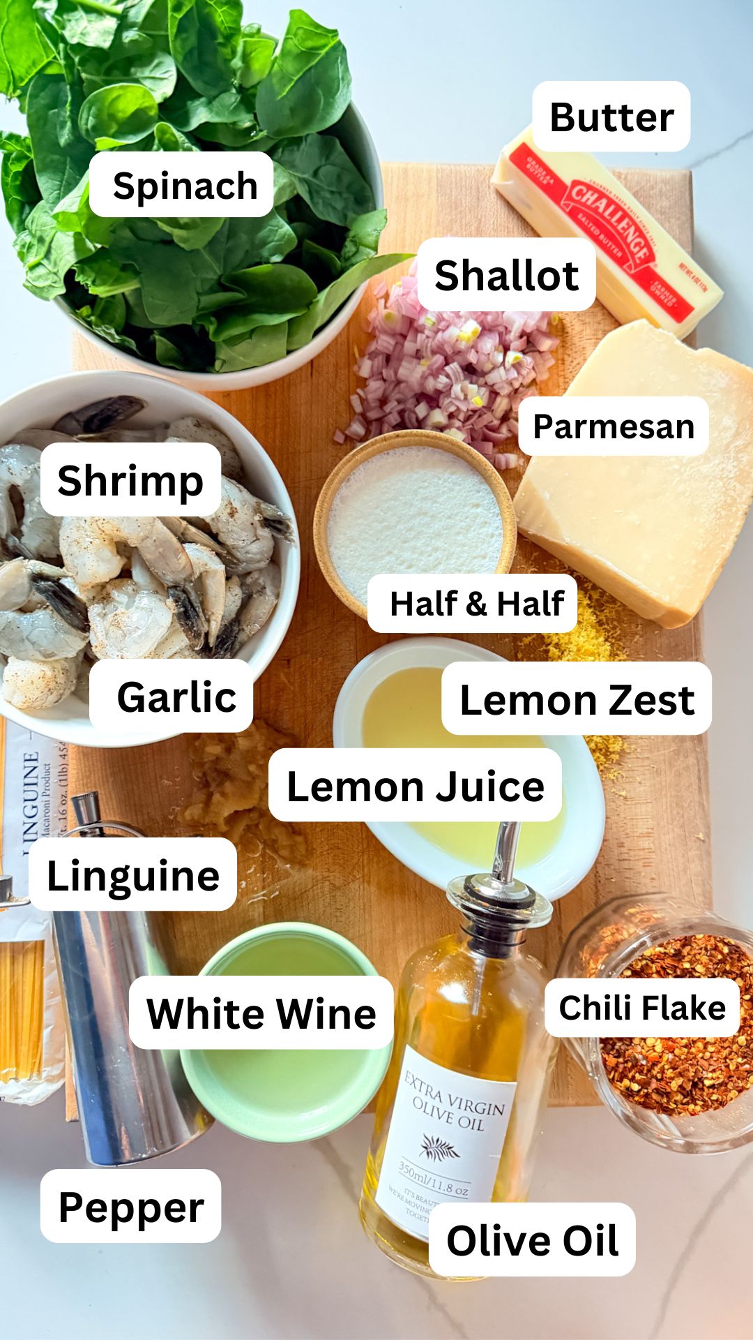 List of ingredients for shrimp linguine with spinach