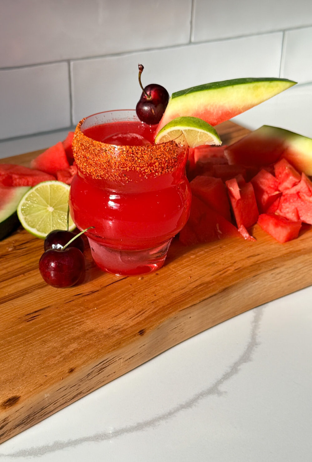 vertical spicy watermelon cherry margarita