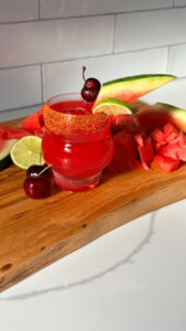 vertical spicy watermelon cherry margarita