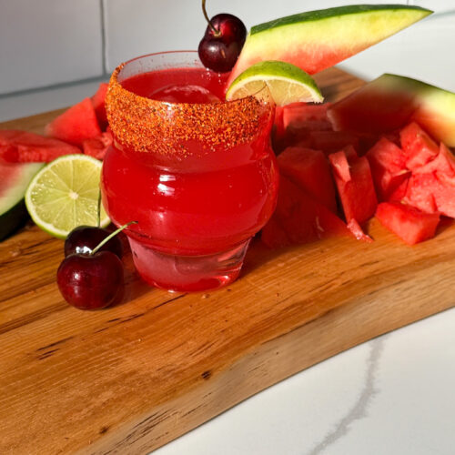 vertical spicy watermelon cherry margarita