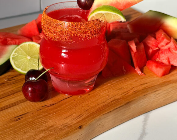 vertical spicy watermelon cherry margarita